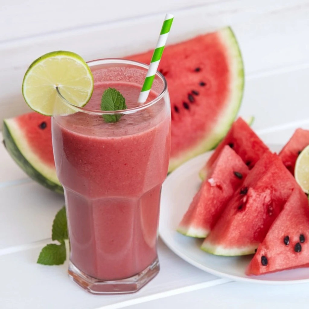 A glass of watermelon smoothie garnished with lime and mint, accompanied by watermelon slices on a white background.