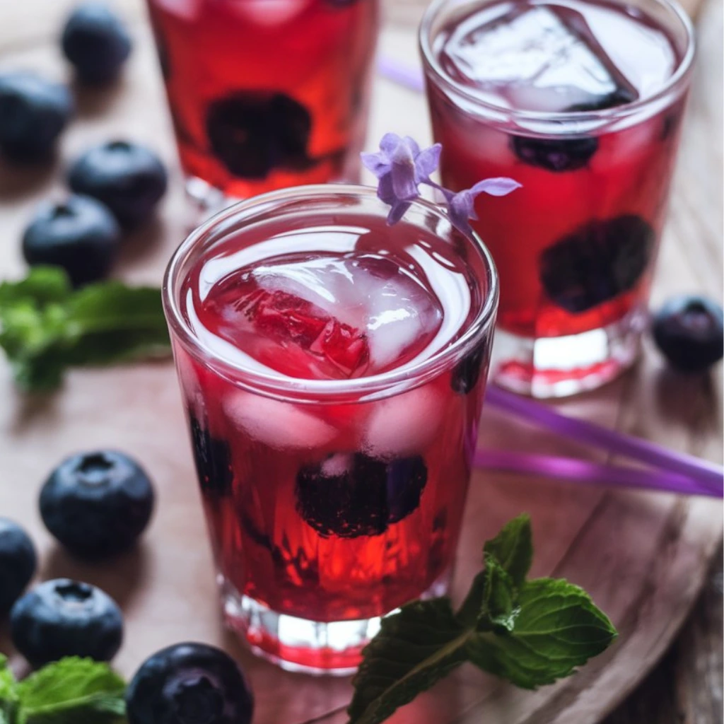 Three glasses of iced blueberry tea garnished with fresh blueberries, mint leaves, and a delicate lavender sprig.