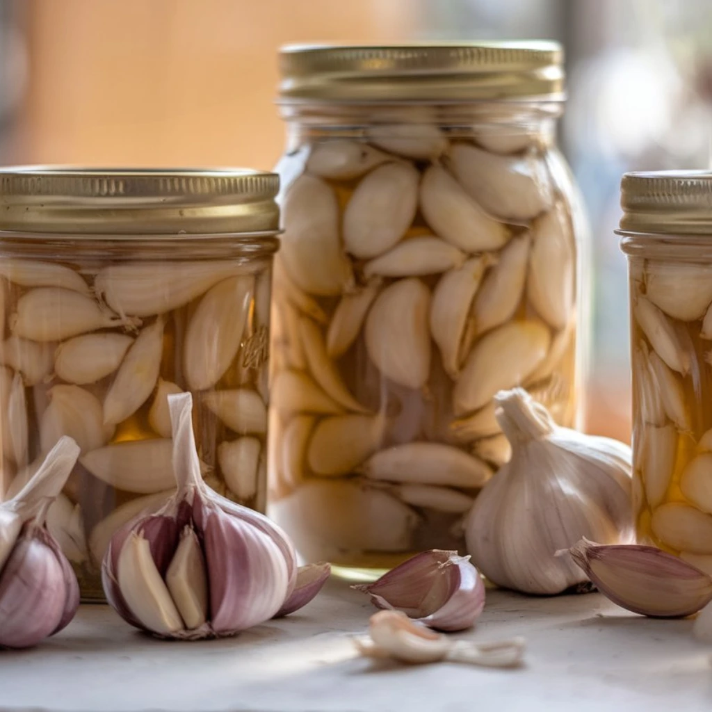 Jars of pickled garlic cloves with fresh garlic bulbs on a table.