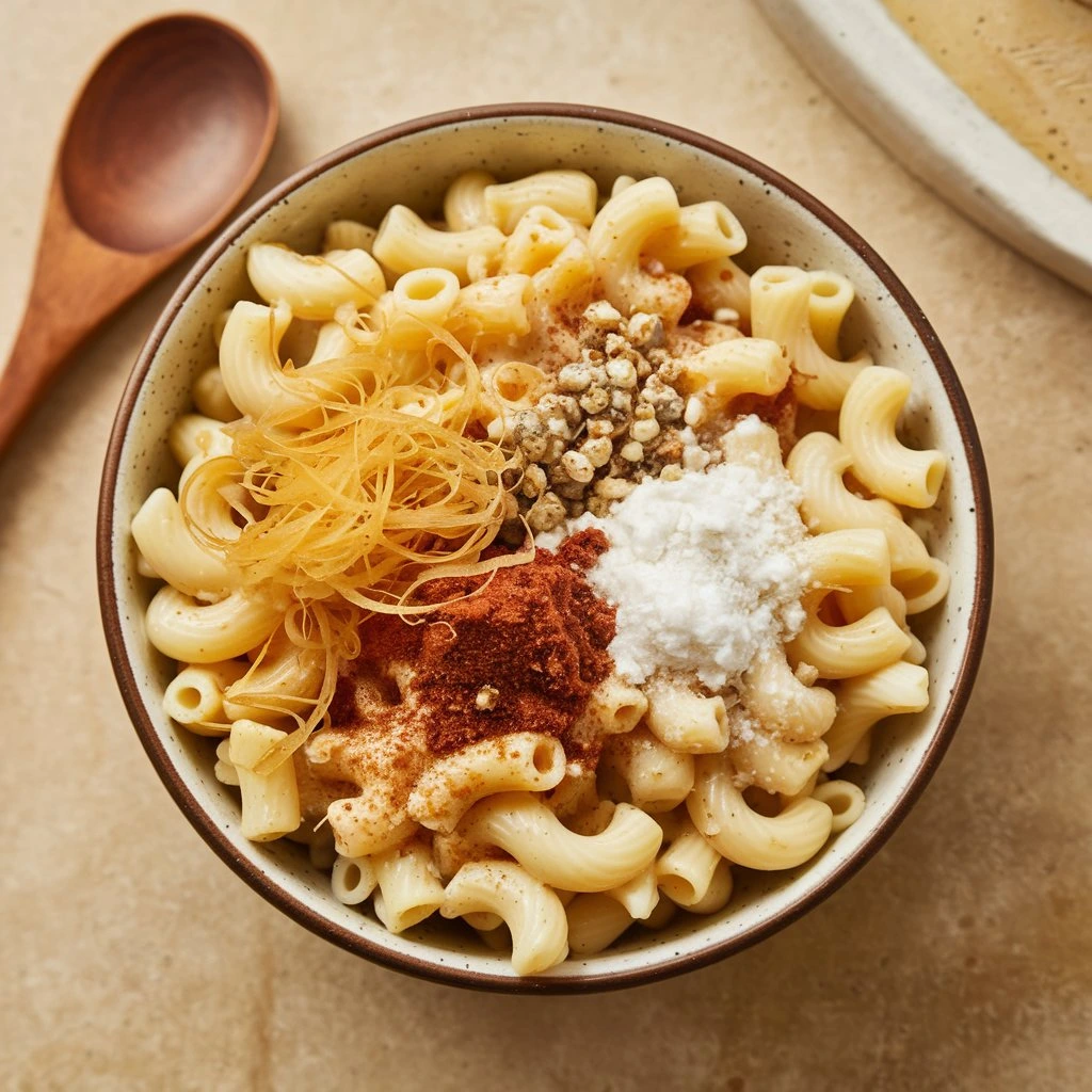 Bowl of macaroni with various seasonings and ingredients, ready for mixing.
