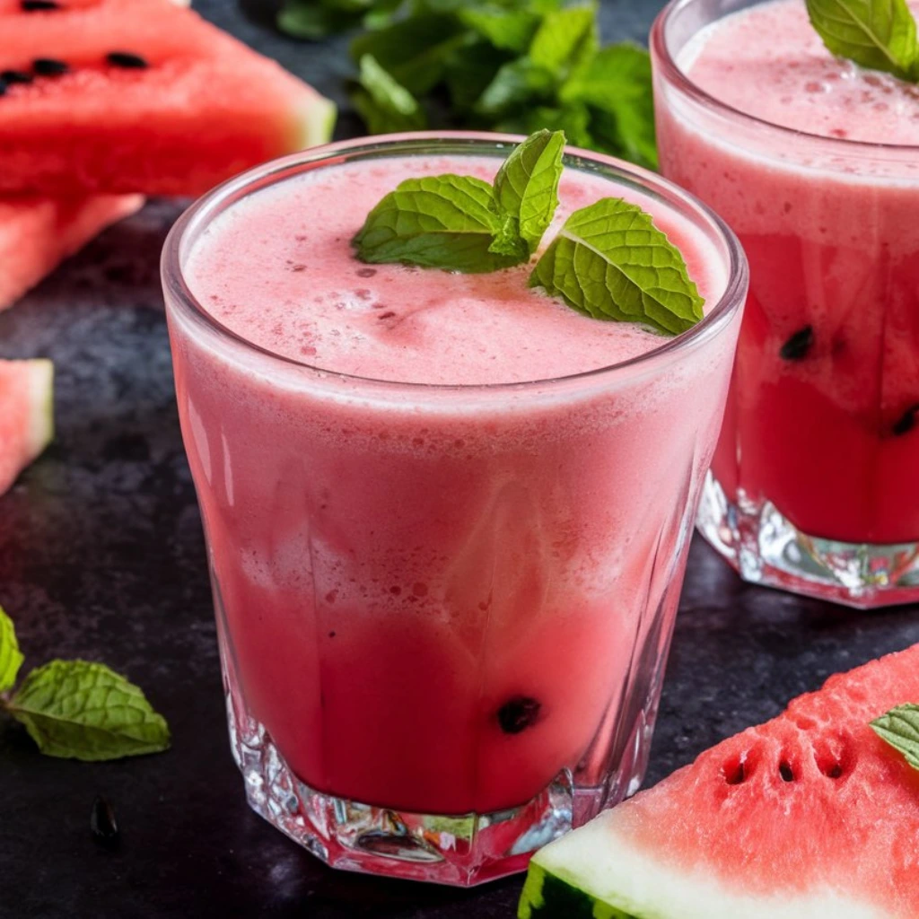 Refreshing watermelon juice in glasses garnished with mint leaves, surrounded by watermelon slices.