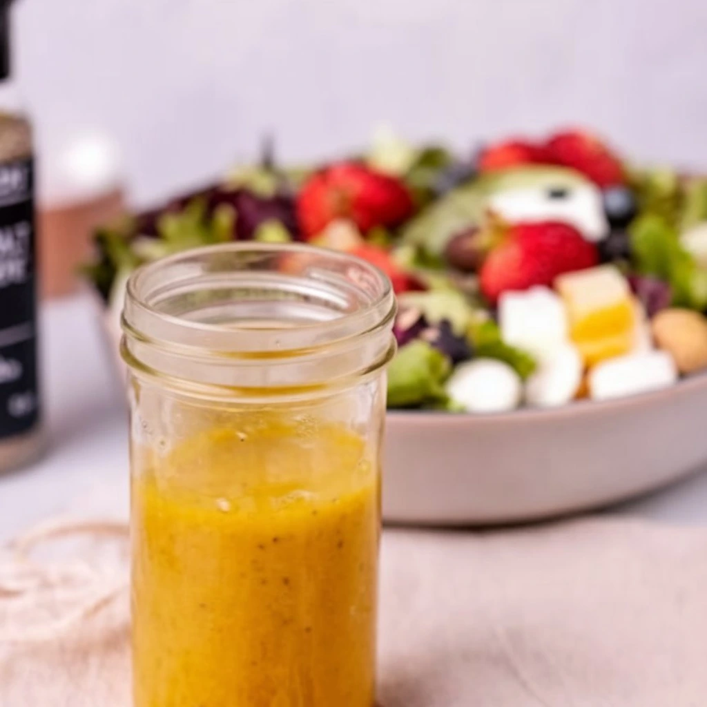 A mason jar filled with homemade golden vinaigrette placed in front of a colorful salad bowl featuring strawberries, greens, and cheese.