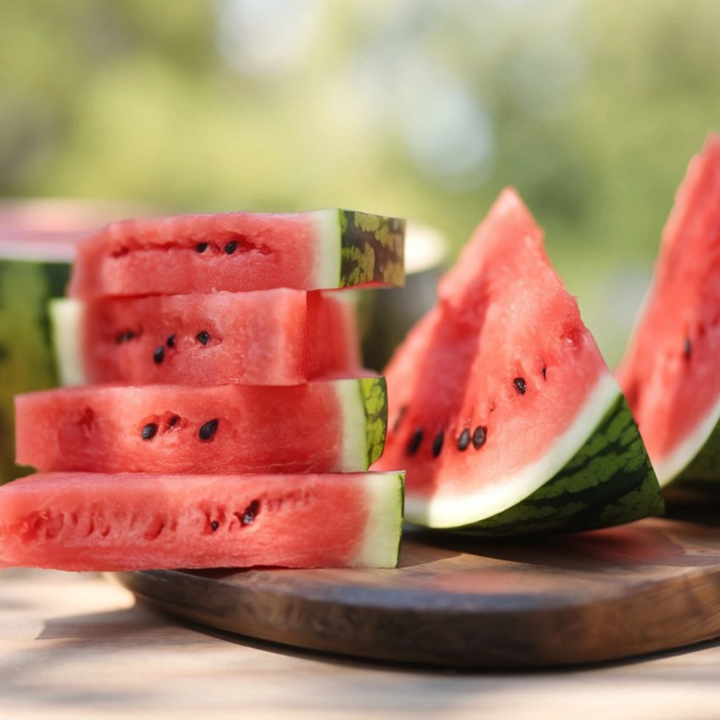 Freshly sliced watermelon wedges on a wooden board with a blurred green outdoor background.