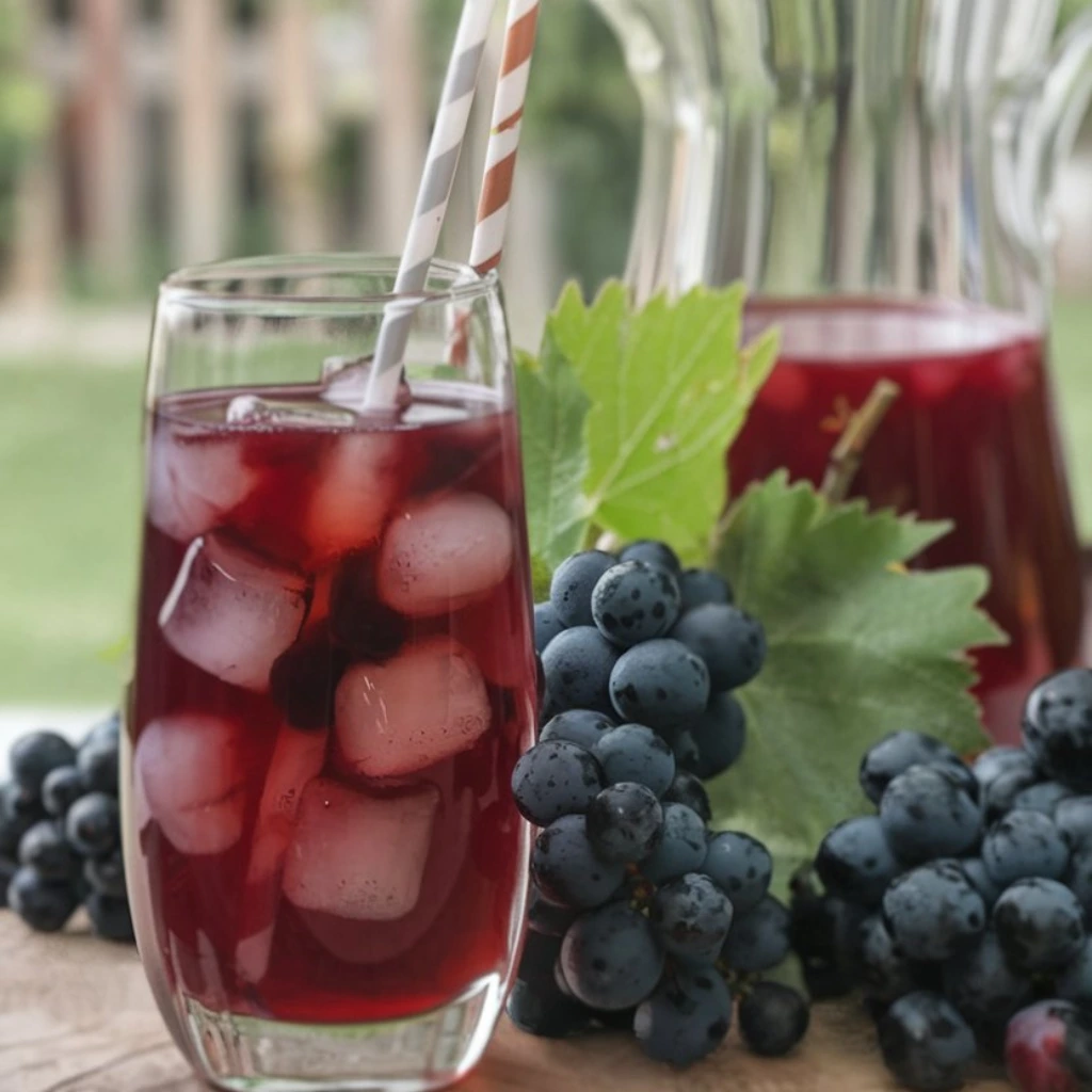 A refreshing glass of grape iced tea with ice cubes, surrounded by fresh grapes and a pitcher in the background.