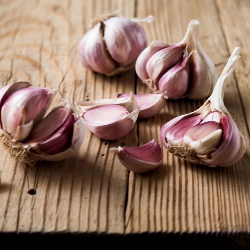 Fresh purple garlic cloves and bulbs on a rustic wooden table.