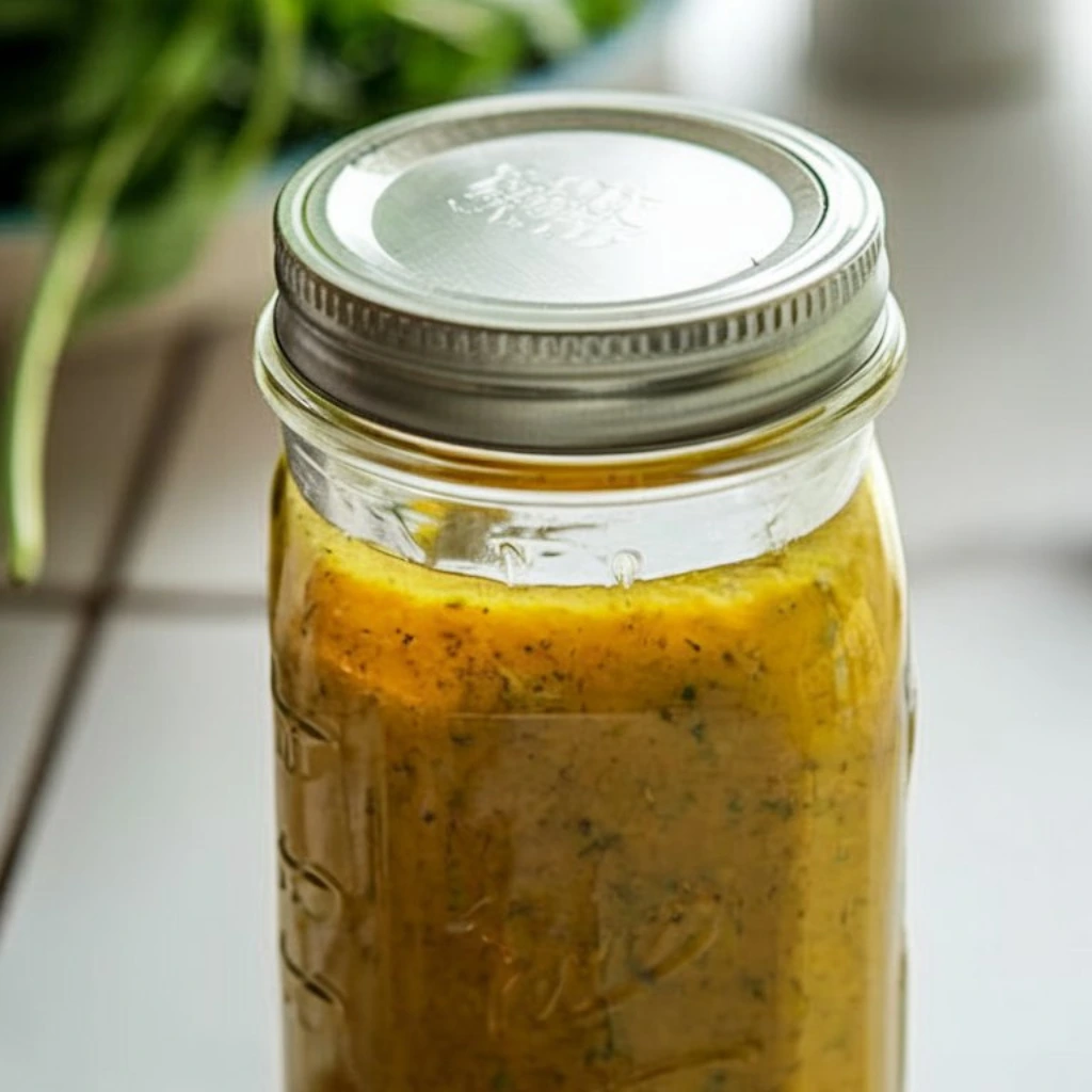 A sealed mason jar filled with golden homemade vinaigrette placed on a kitchen counter with fresh greens in the background.