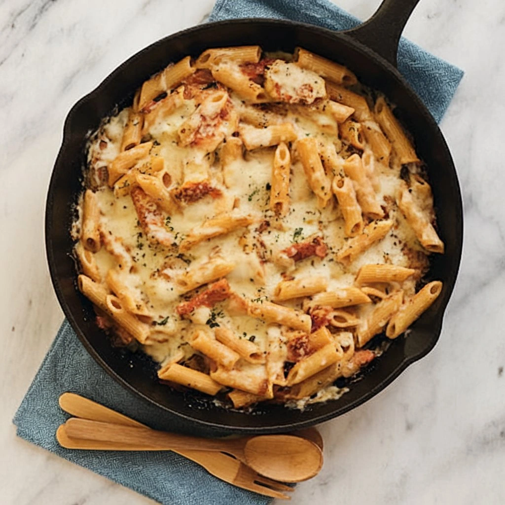 Cheesy baked penne pasta in a cast iron skillet on a marble surface.