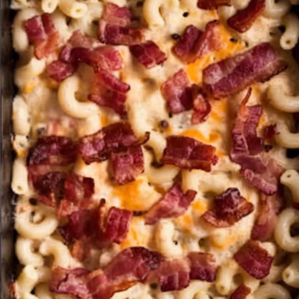 Creamy baked macaroni topped with crispy bacon pieces and melted cheese.