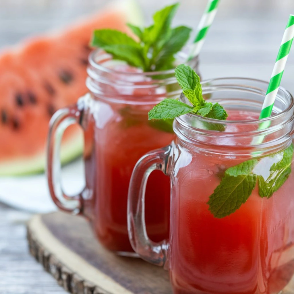 Two mason jars of Agua de Sandía garnished with fresh mint and served with striped straws, set on a rustic wooden board.