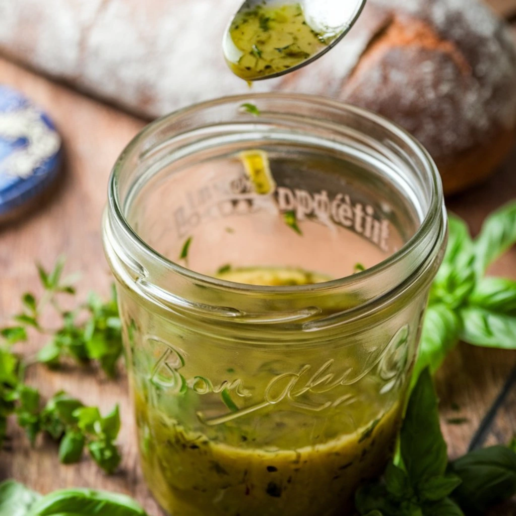 A jar of homemade herb-infused vinaigrette with a spoon dripping the dressing, surrounded by fresh basil and rustic bread in the background