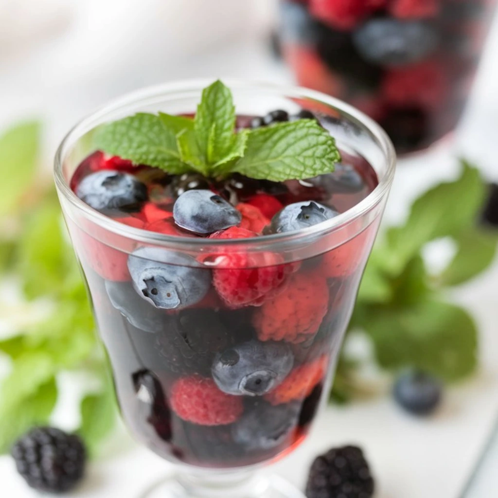 A glass of berry-infused tea filled with fresh blueberries, raspberries, and blackberries, topped with a sprig of mint.