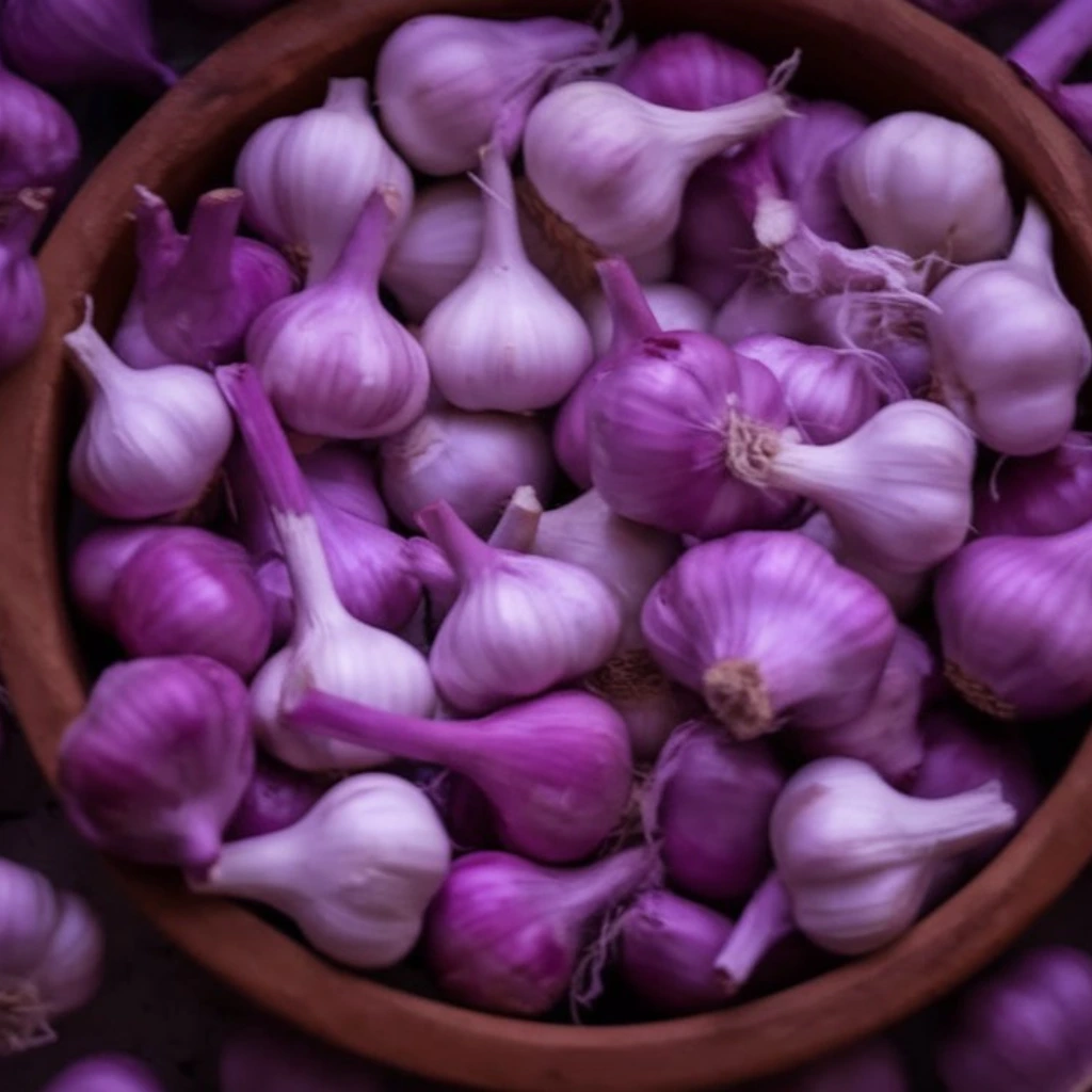 Bowl of vibrant purple garlic bulbs.