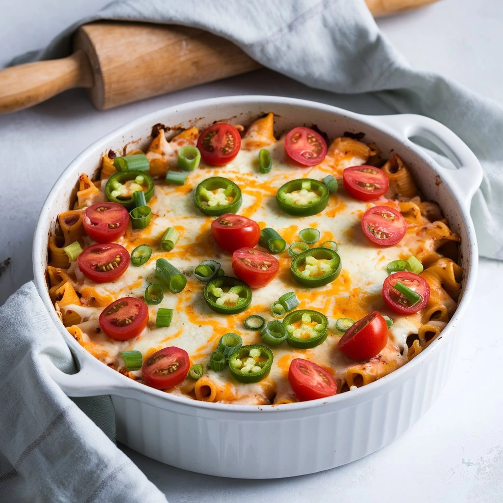 Baked pasta topped with melted cheese, cherry tomatoes, jalapeños, and green onions in a white casserole dish.