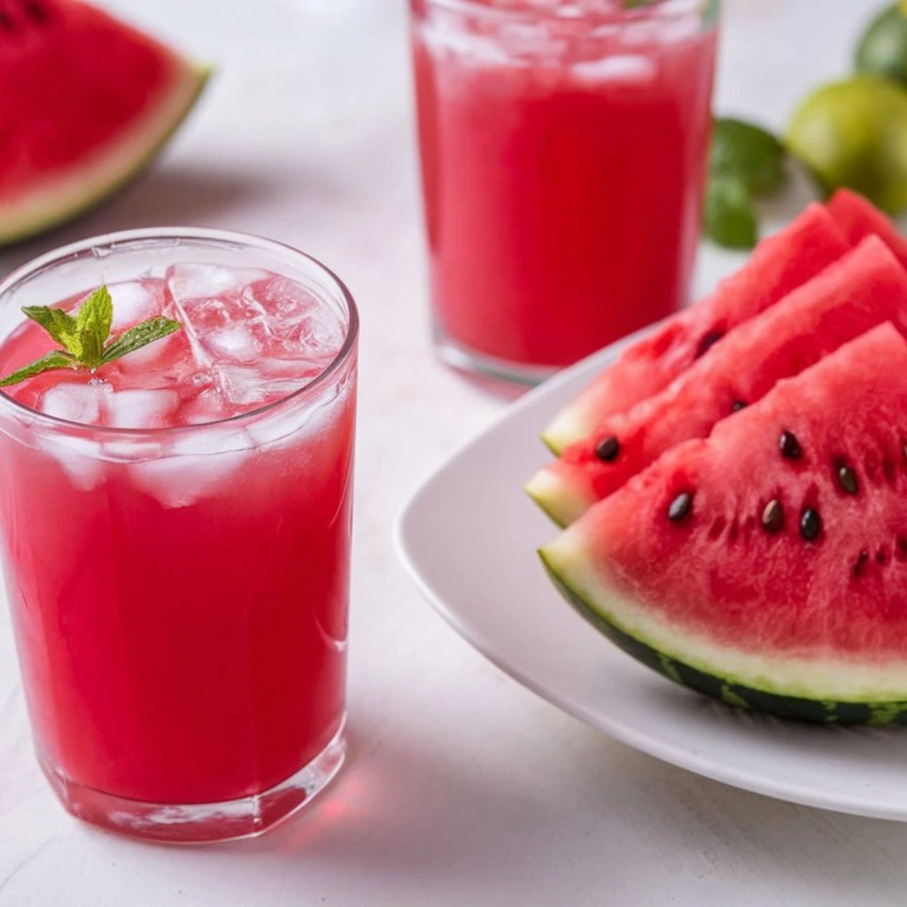 Glasses of refreshing watermelon juice with ice and mint leaves, accompanied by a plate of fresh watermelon slices.
