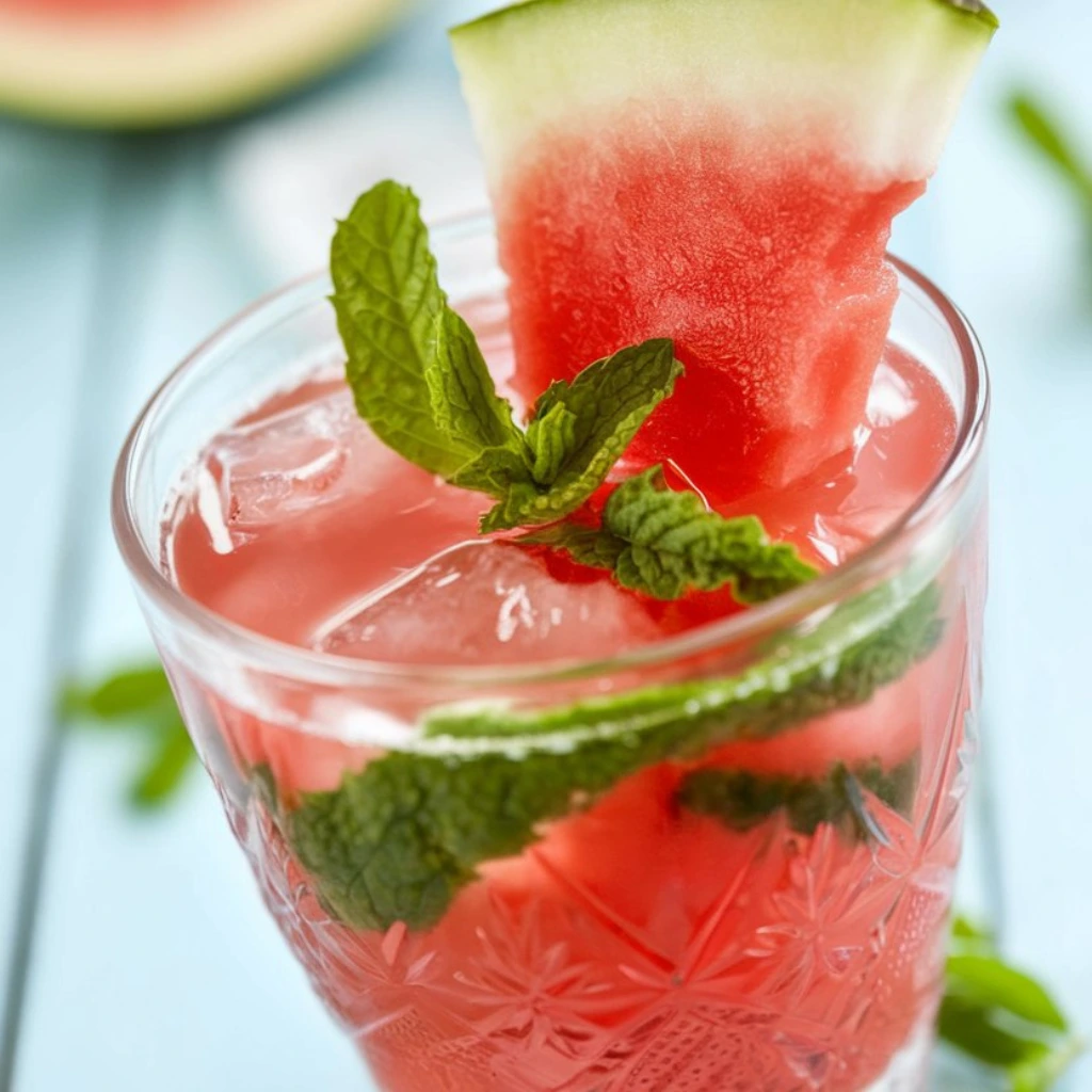 Glass of Agua de Sandía garnished with fresh mint and a watermelon slice.