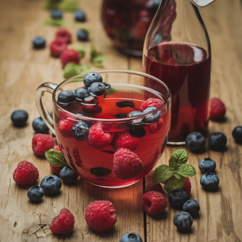 A glass cup of mixed berry tea garnished with fresh blueberries, raspberries, and mint leaves, with a bottle of tea in the background.