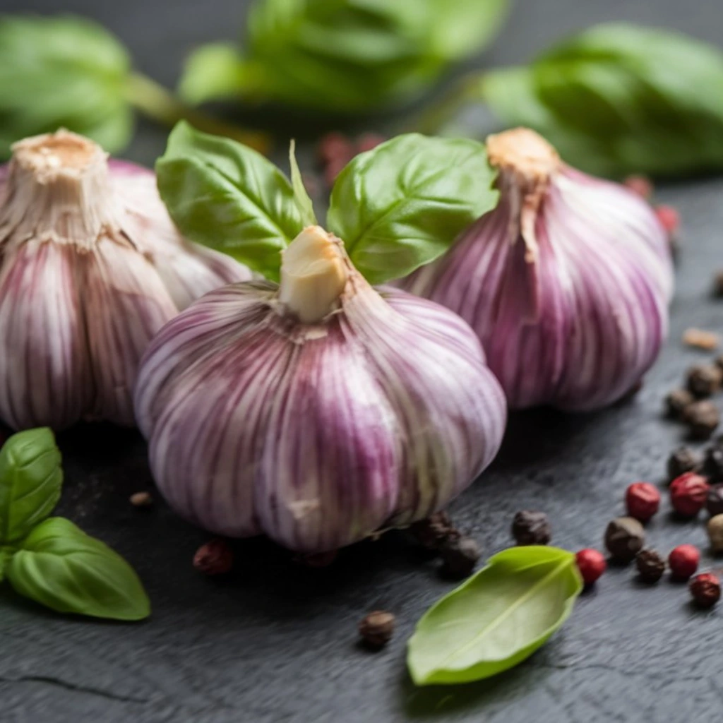 Purple garlic bulbs with fresh basil and peppercorns.