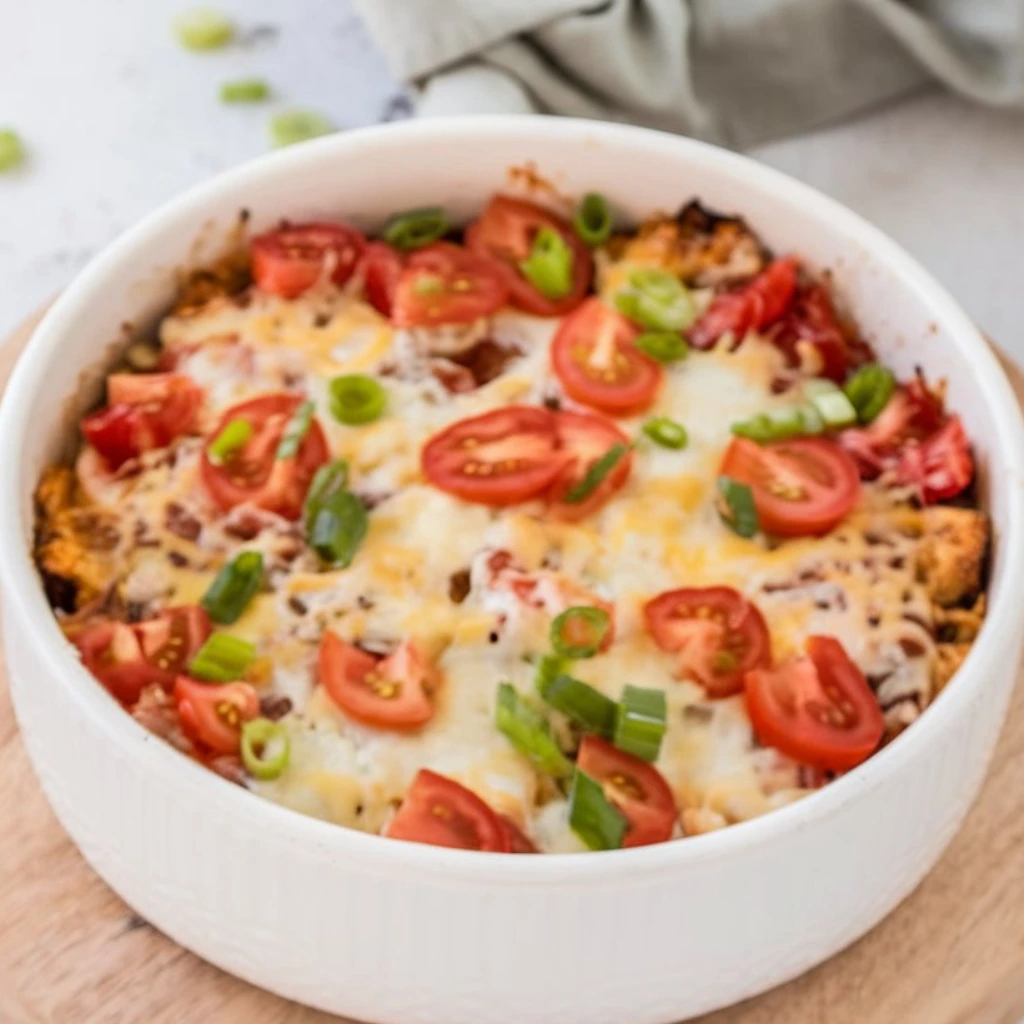 Cheesy baked casserole with cherry tomatoes and green onions in a white dish.