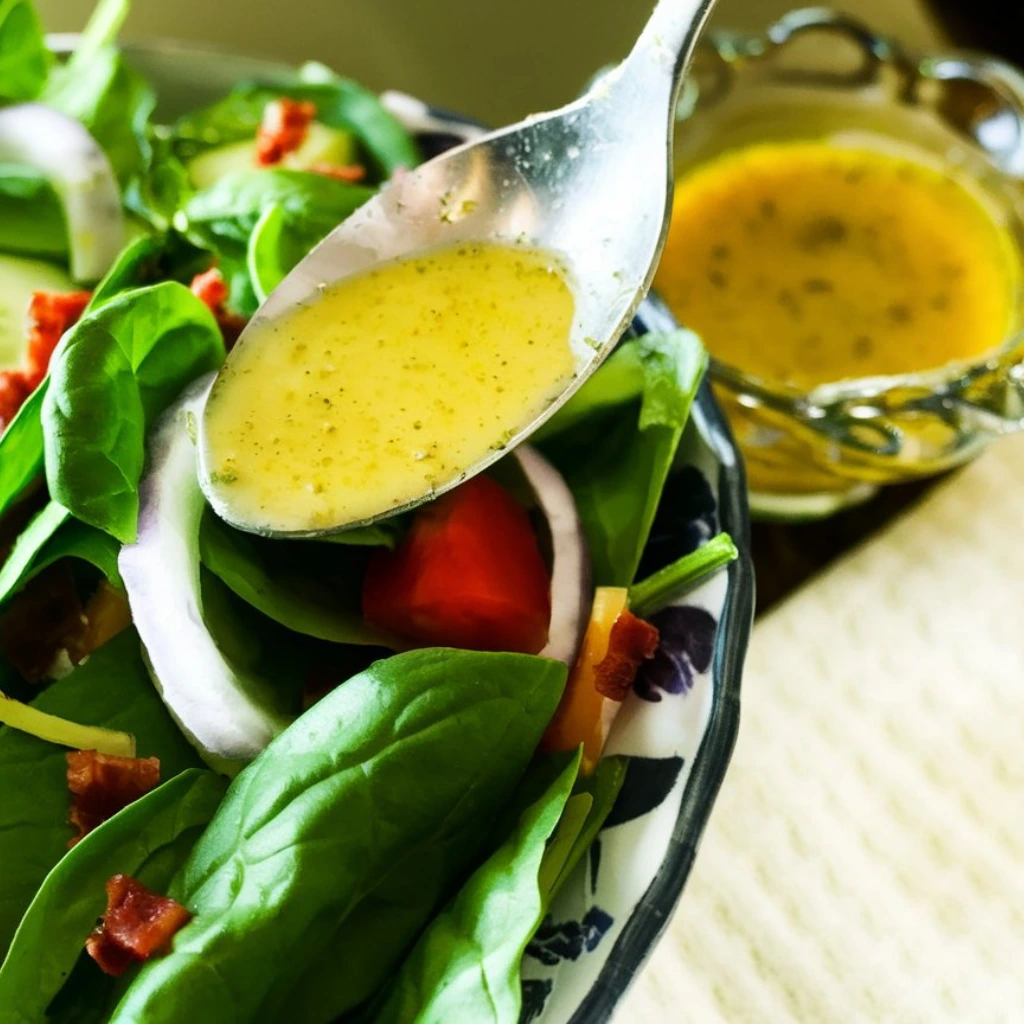 A spoonful of golden vinaigrette dressing being held over a fresh spinach salad with vibrant vegetables.