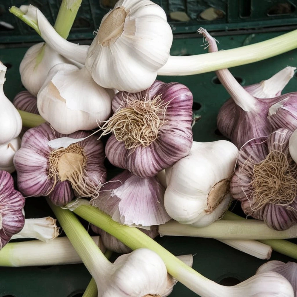 Purple and white garlic bulbs stacked together in a market basket.