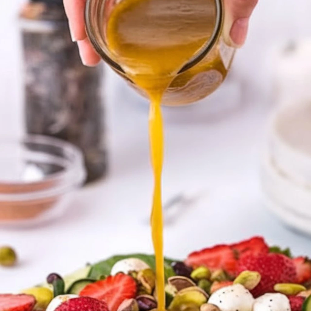 Golden vinaigrette being poured from a jar onto a fresh salad with strawberries, pistachios, and mozzarella balls.