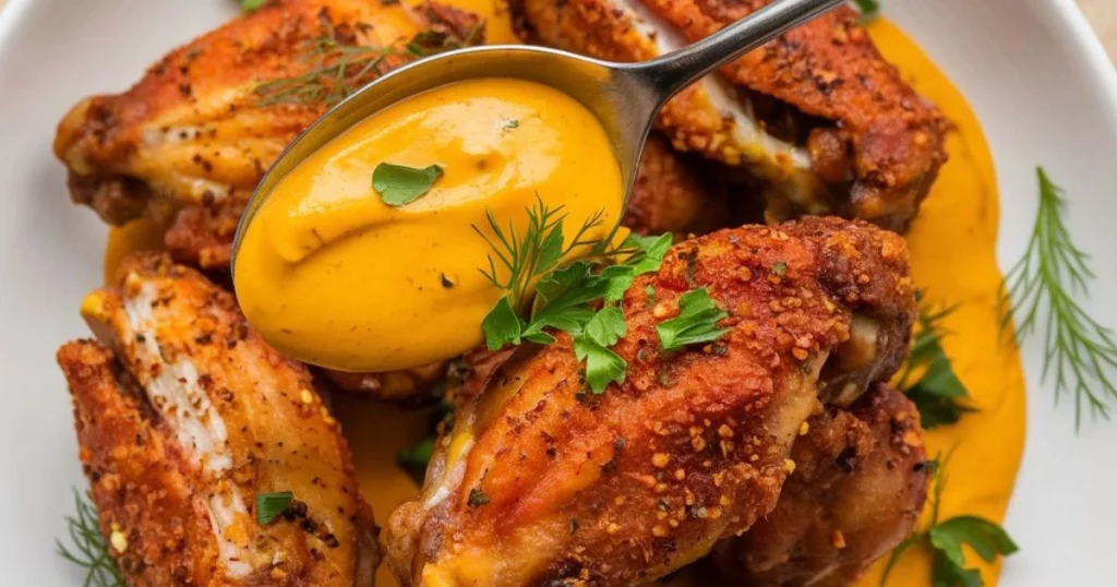 Crispy golden chicken wings served with a creamy mustard dip and garnished with fresh herbs.