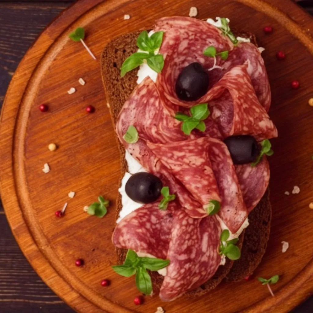 An open-faced salami sandwich on rye bread topped with fresh basil, black olives, and a creamy spread, served on a wooden plate