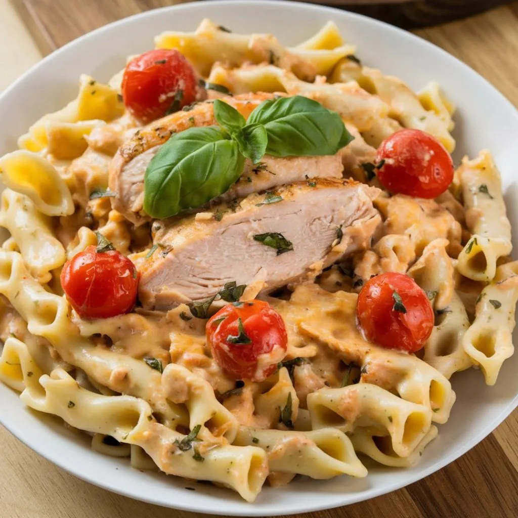 Sliced chicken breast on creamy campanelle pasta with cherry tomatoes and fresh basil, served in a white dish