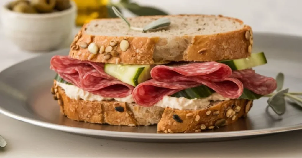 A salami sandwich made with whole-grain bread, creamy cheese, and fresh cucumber ribbons, served on a silver plate