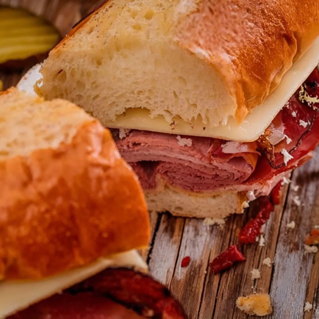 A close-up of a salami baguette sandwich with layers of melted cheese, roasted red peppers, and pickles on a wooden surface