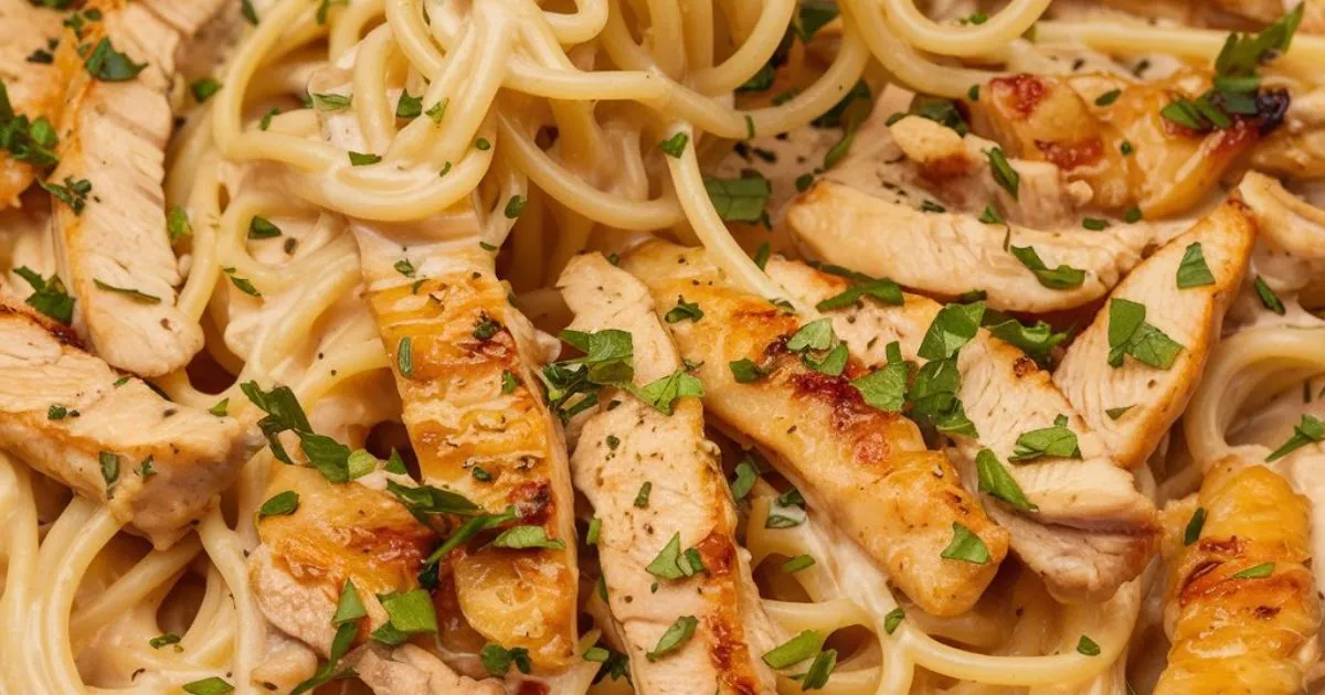 "Grilled sliced chicken breast on linguine pasta, garnished with chopped fresh parsley