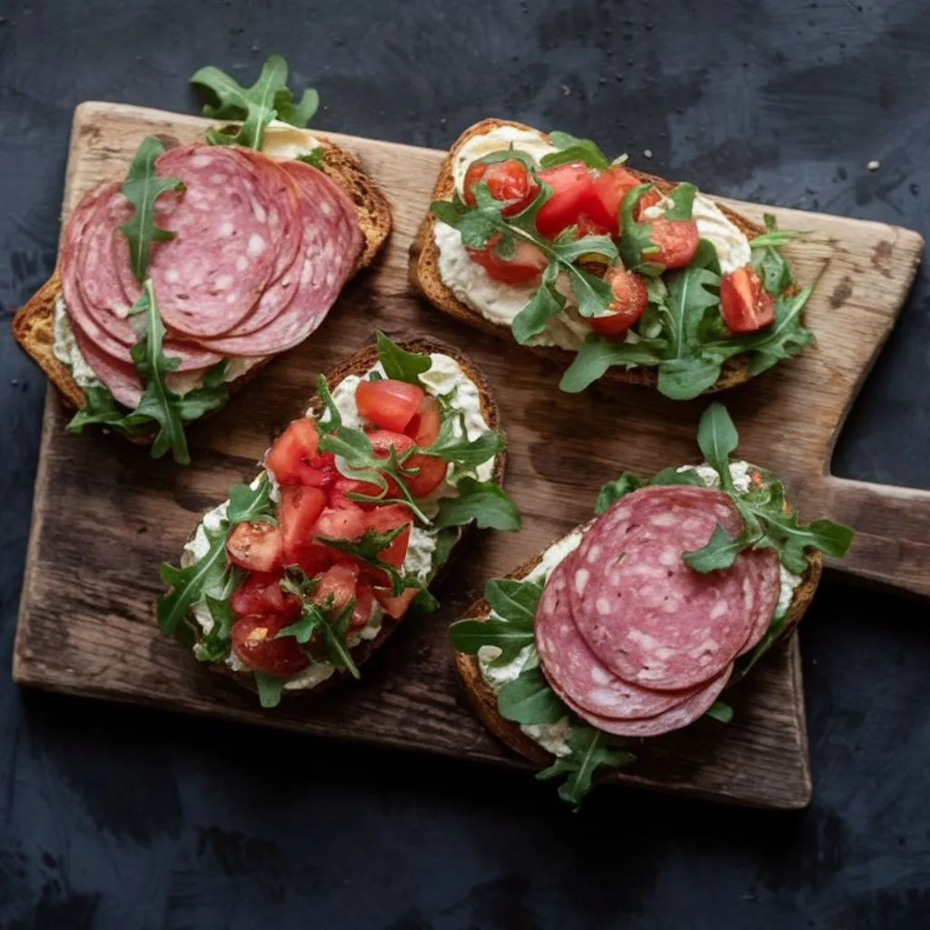 Four open-faced salami sandwiches topped with arugula, tomato spread, and cream cheese, served on rustic wooden bread slices.