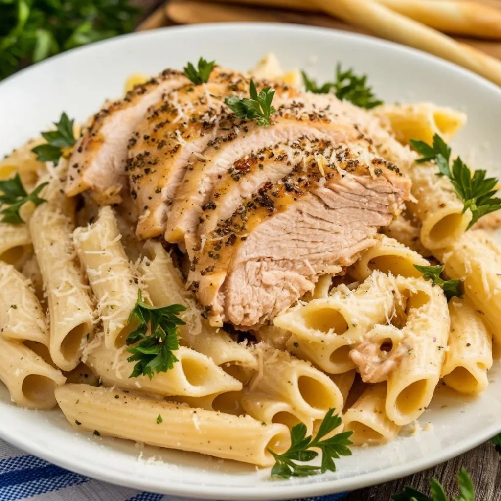 Pepper-crusted sliced chicken breast served over penne pasta with Parmesan cheese and fresh parsley garnish