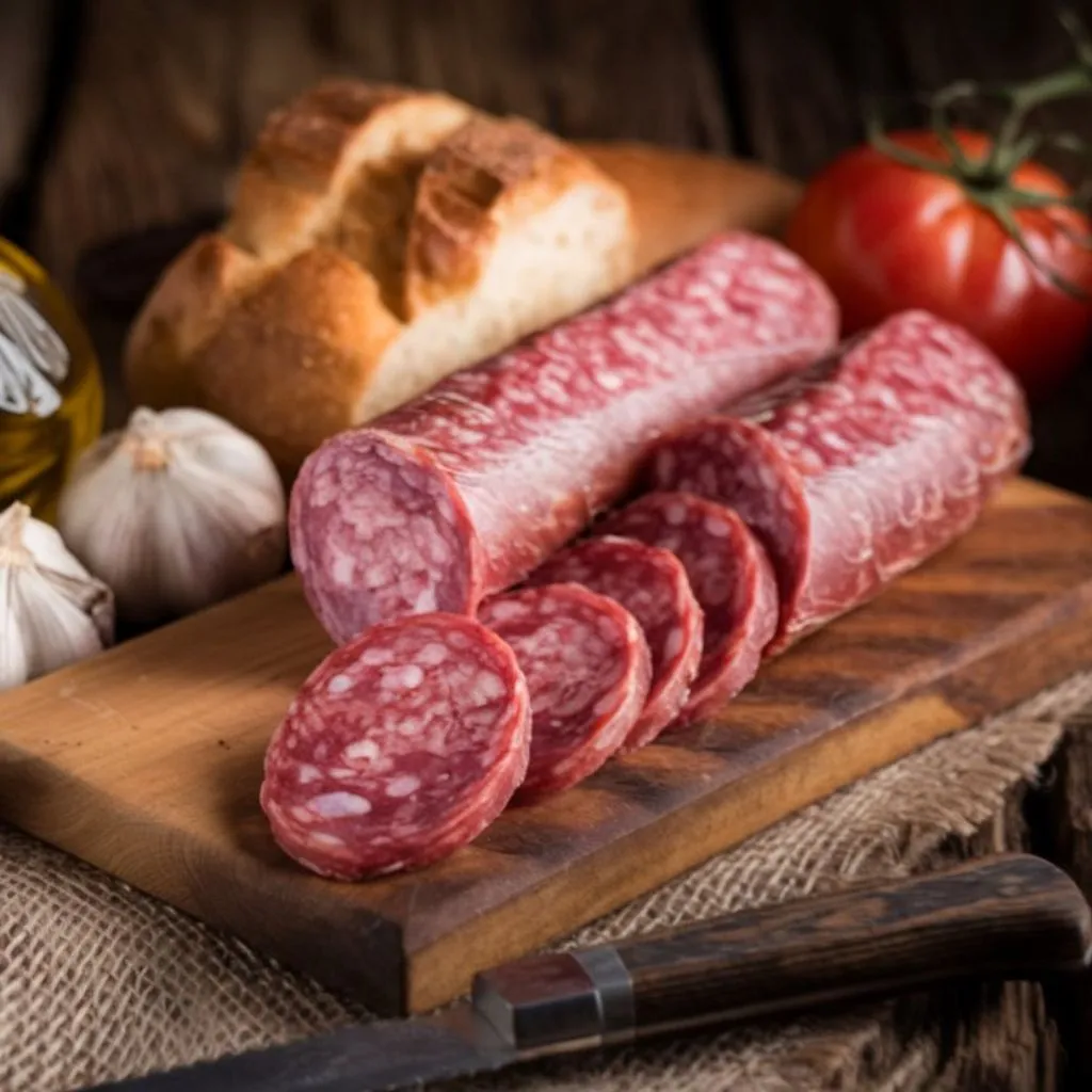 A wooden cutting board with sliced salami, fresh bread, tomatoes, garlic, and olive oil in a rustic kitchen setting