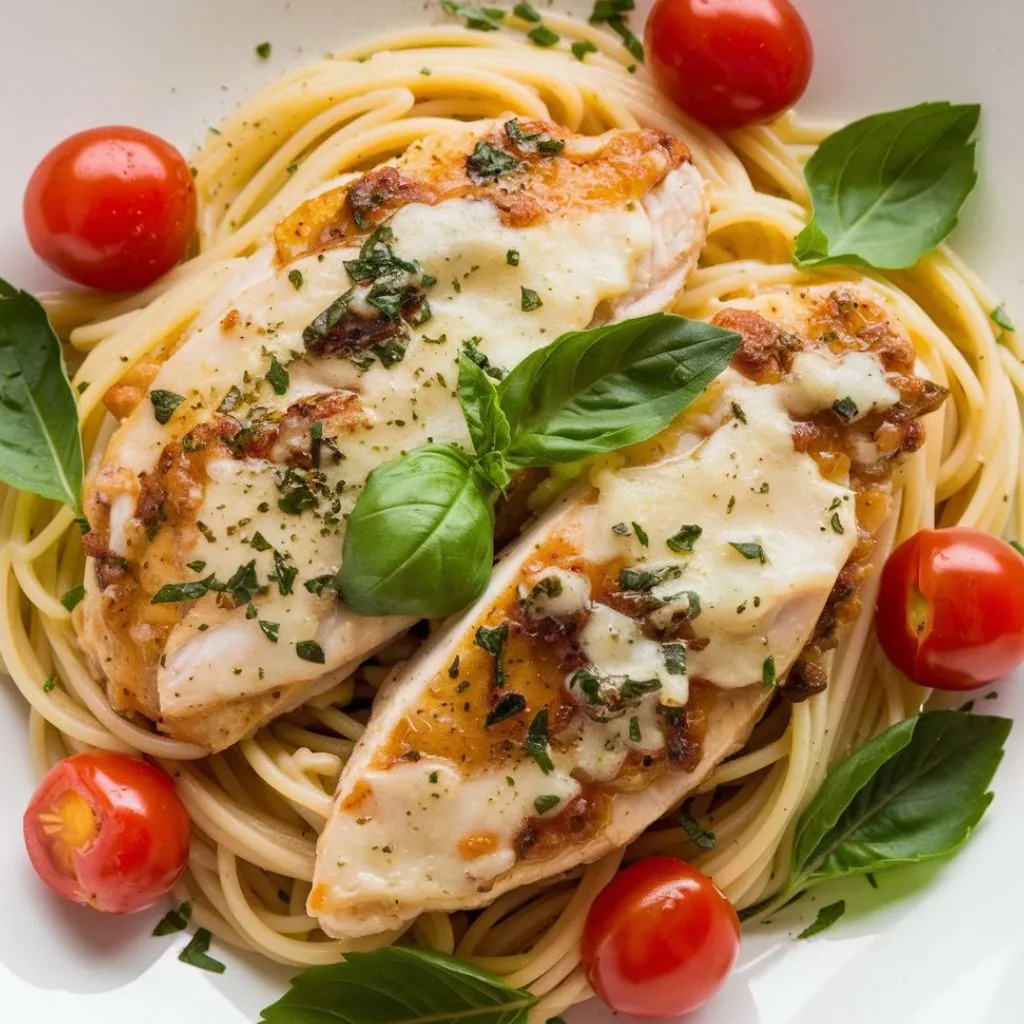 Grilled chicken breasts topped with melted mozzarella served over spaghetti, garnished with cherry tomatoes and fresh basil leaves