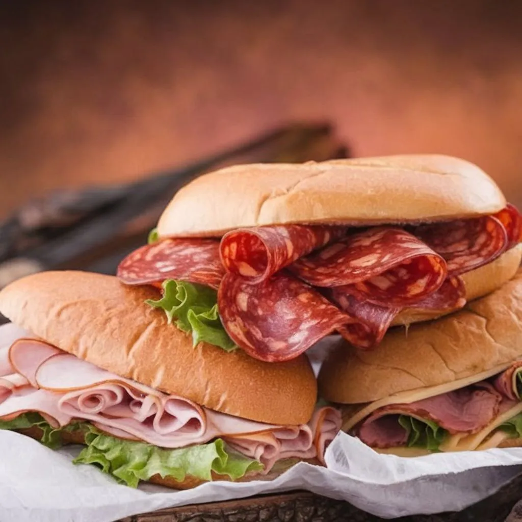 Three salami sandwiches with fresh lettuce and various toppings on whole-grain and plain buns, placed on parchment paper
