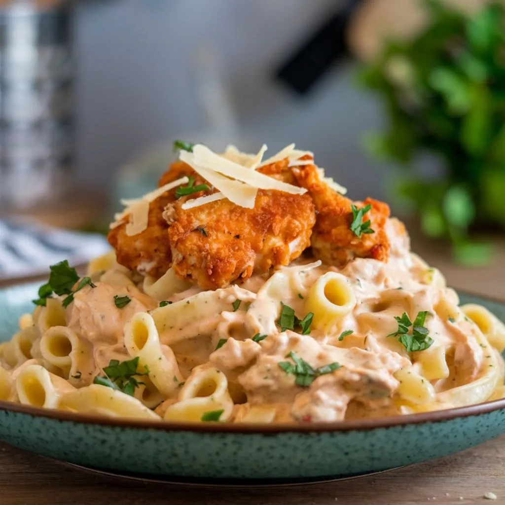Creamy penne pasta topped with crispy buffalo chicken pieces, garnished with shaved Parmesan and fresh parsley, served on a turquoise plate