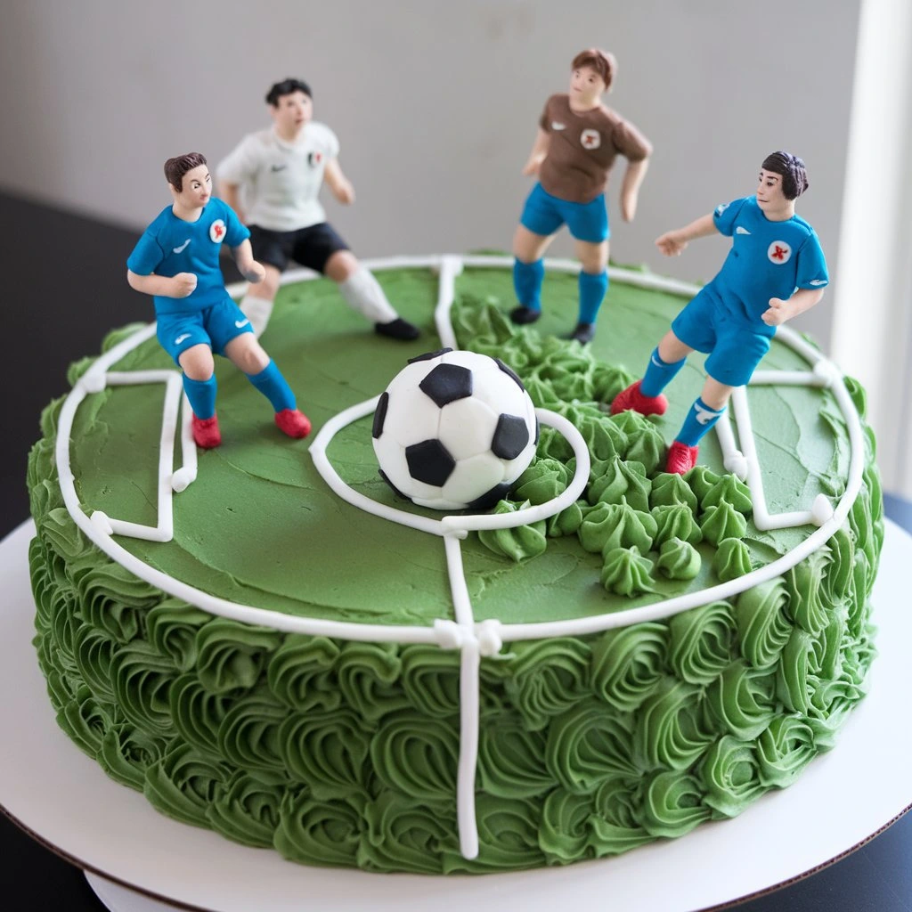 A soccer-themed round cake with green icing, white icing outlining a soccer field, and fondant soccer player figurines in action poses around a fondant soccer ball.
