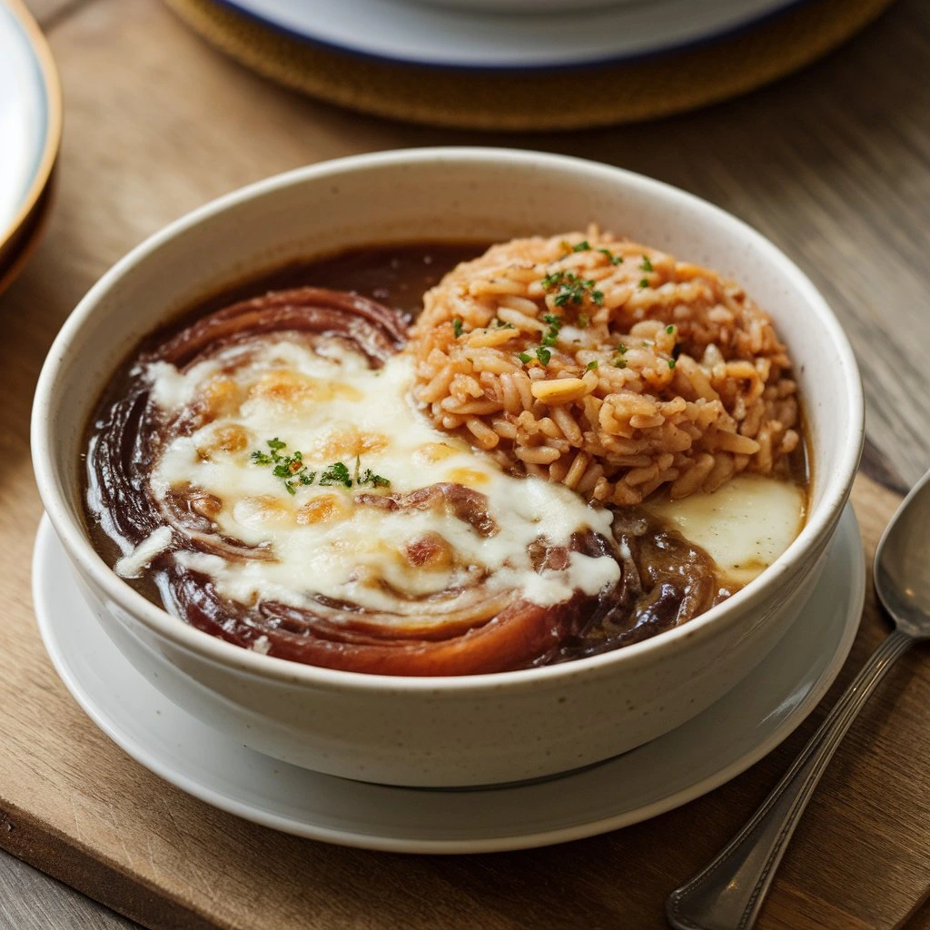 A comforting bowl of French Onion Soup Rice featuring caramelized onions, melted cheese, and savory rice, garnished with parsley.