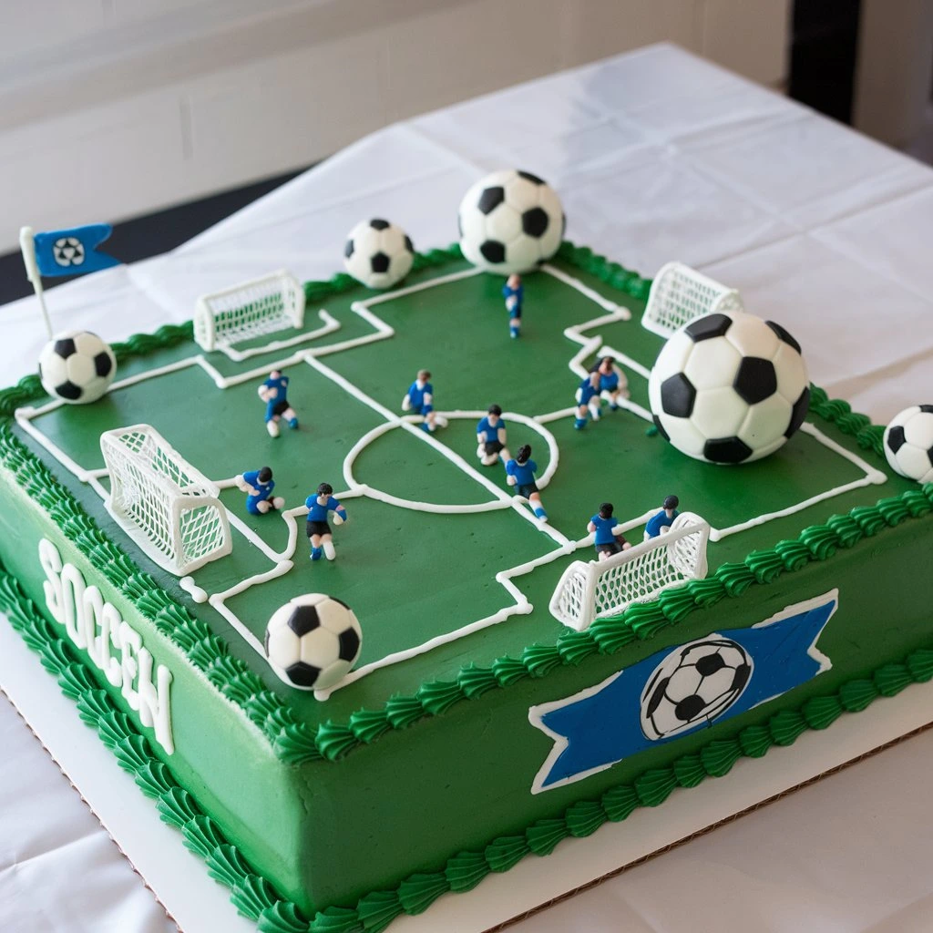 A soccer-themed rectangular cake decorated with green icing, a white icing soccer field, fondant soccer balls, goalposts, and miniature soccer player figurines.