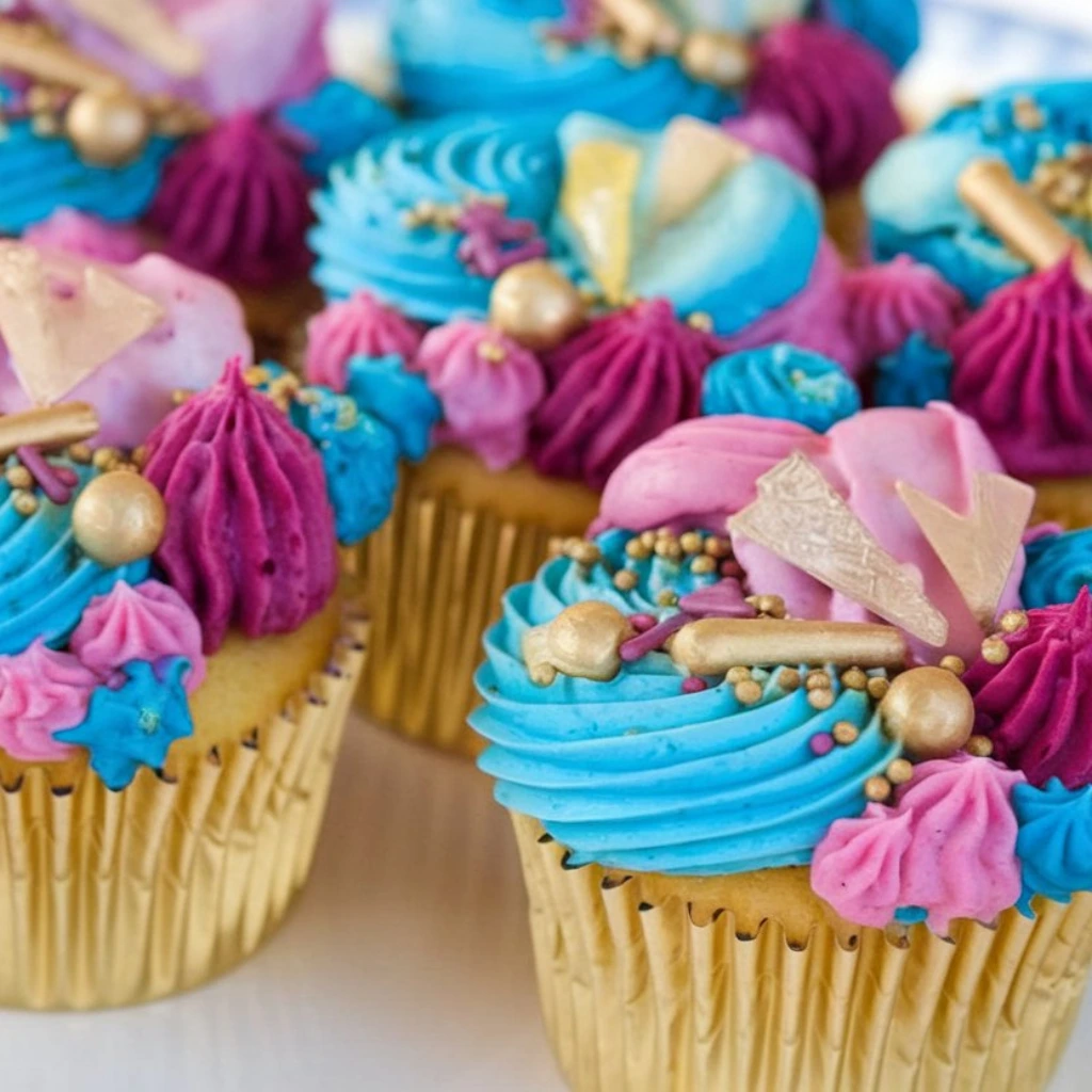 Luxurious gender reveal cupcakes with vibrant blue and pink frosting swirls, accented by gold sprinkles and edible decorations, displayed in gold foil liners
