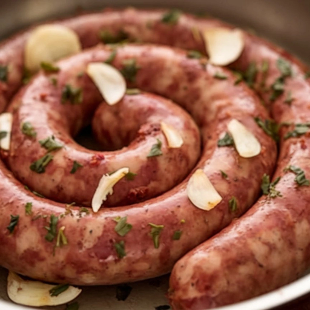 Coiled sausage in a pan, garnished with fresh parsley and sliced garlic, ready for cooking or grilling