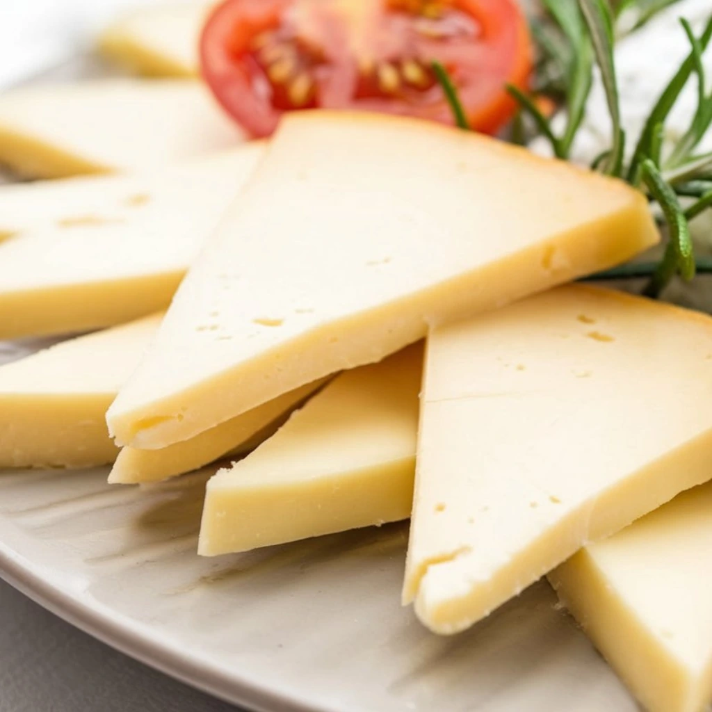Close-up of sliced Monterey Jack cheese on a plate, garnished with a fresh rosemary sprig and a slice of ripe tomato