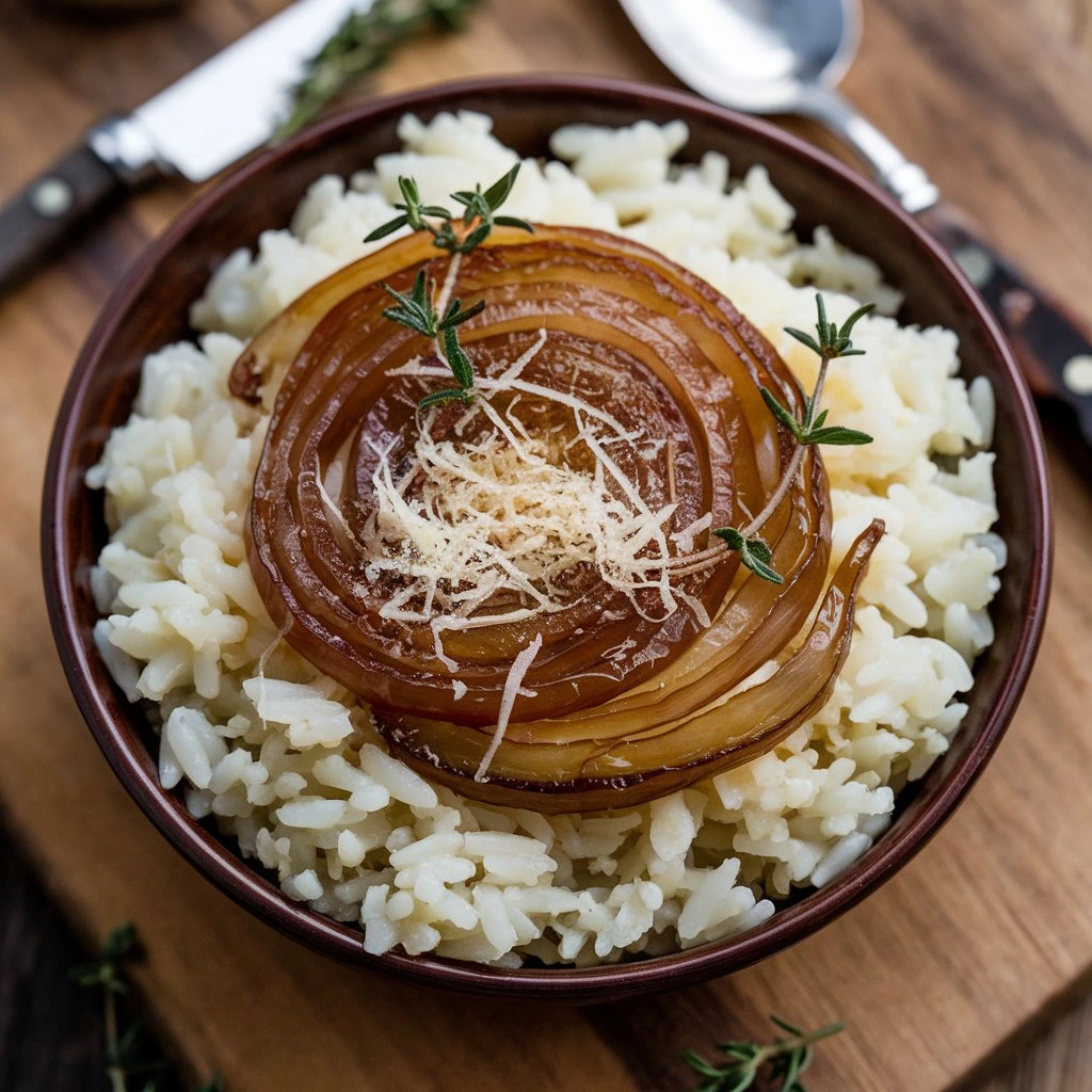 A rustic bowl of French Onion Soup Rice topped with a perfectly caramelized onion slice, fresh thyme, and a sprinkle of Parmesan cheese.