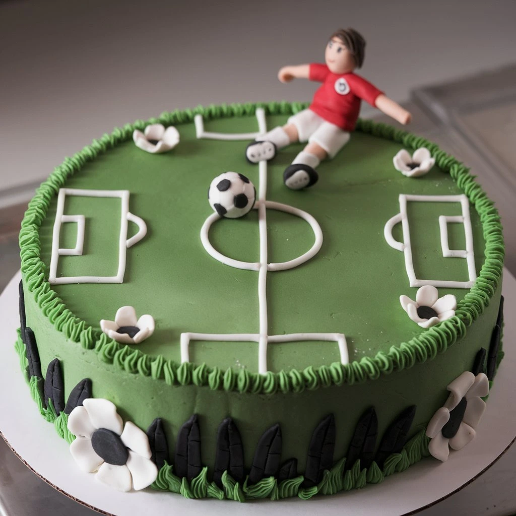 A soccer-themed cake decorated with green fondant, a white icing soccer field design, and a fondant soccer player figurine kicking a soccer ball.