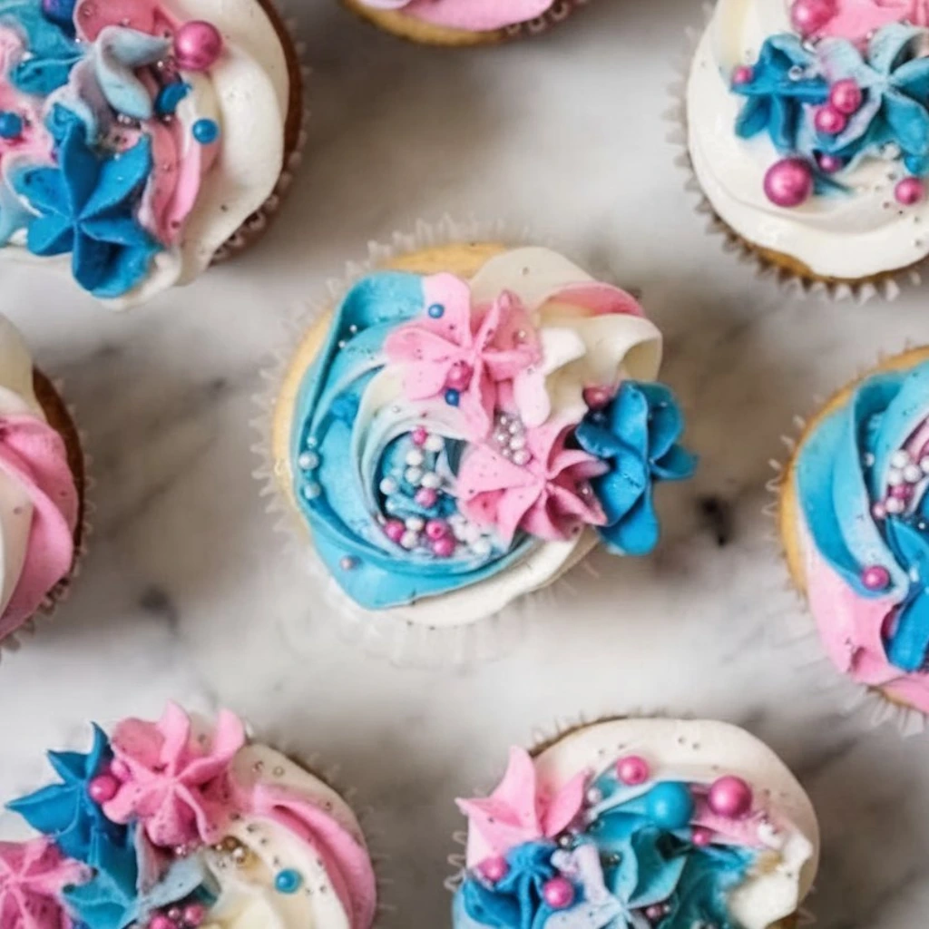 Gender reveal cupcakes with vibrant pink and blue swirled frosting, decorated with edible pearls and star-shaped accents, displayed on a marble background
