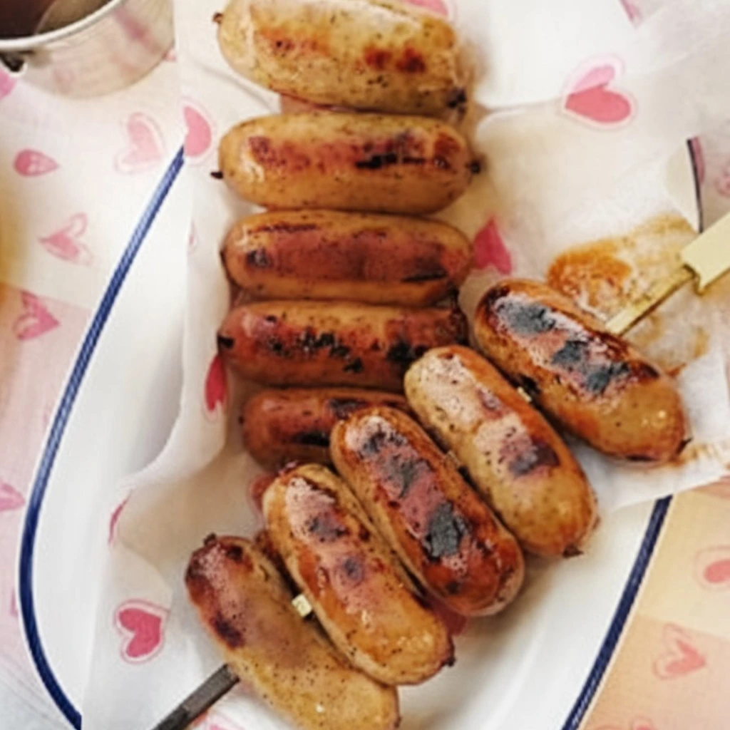Grilled sausages arranged in a white enamel dish lined with heart-patterned parchment paper, served with a skewer and dipping sauce on the side.