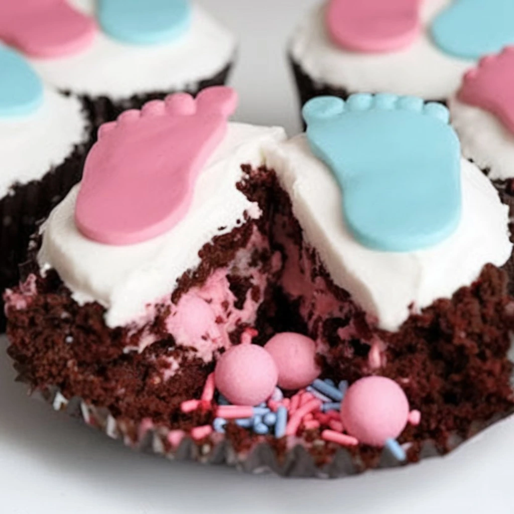 Chocolate gender reveal cupcakes topped with white frosting and fondant baby footprints in pink and blue, with a cut-open cupcake revealing pink candy and sprinkles inside