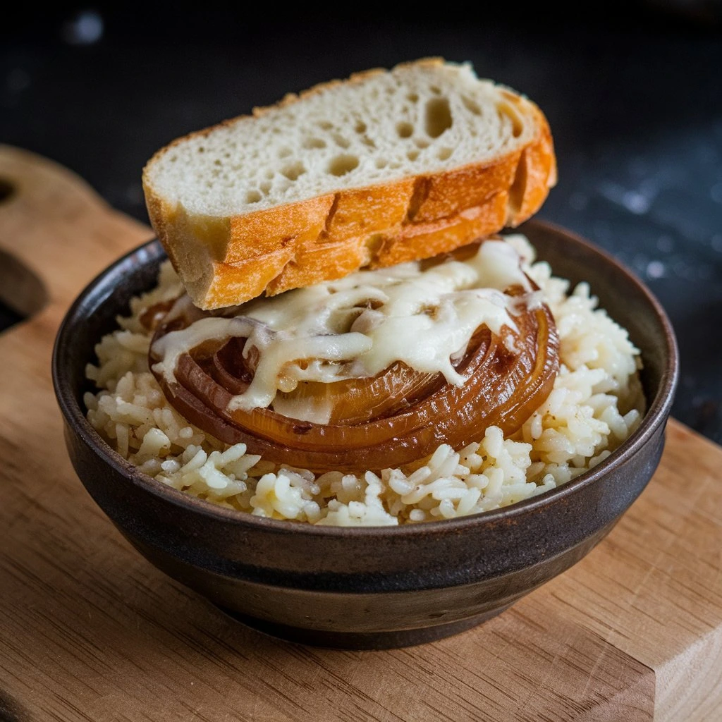 Bowl of French Onion Soup Rice topped with caramelized onions, melted cheese, and a slice of crusty bread.