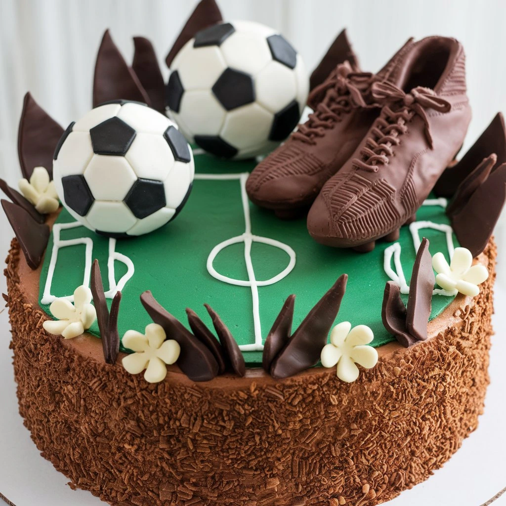 A chocolate soccer-themed cake decorated with fondant soccer balls, chocolate cleats, and a green field design, surrounded by edible flowers and chocolate shards.